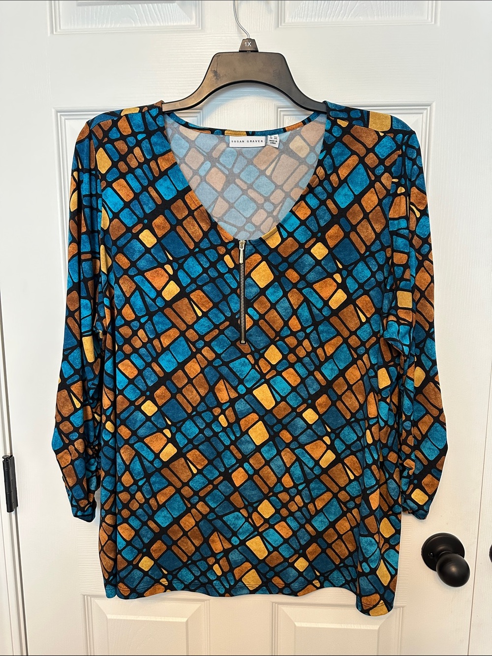 Susan Graver Teal, Brown & Gold Geometric Zip Tunic